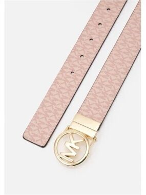 Michael Kors Blush Pink Logo Belt with Gold MK Round Buckle
